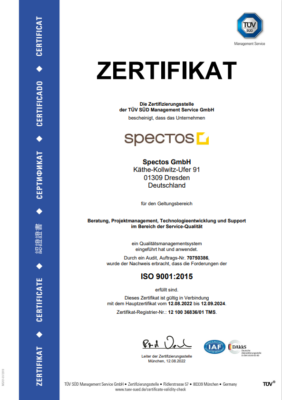 Zu den Spectos Zertifizierungen gehört auch das Zertifikat für IS0 9001:2015