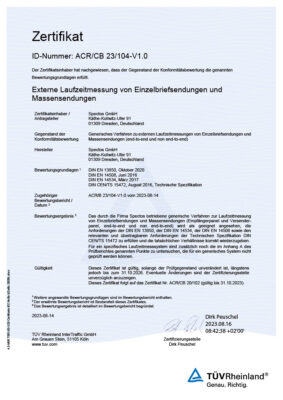 Spectos GmbH's Zertifikat vom TÜV-Rheinland für Generische Laufzeitmessung
