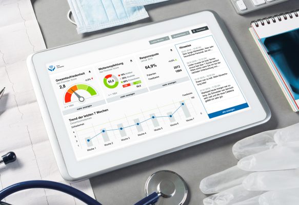Alle Ergebnisse aus den Patientenbefragungen fließen automatisiert in das Healthcare Cockpit ein, sodass Sie minutengenaue Einblicke in Ihre Service-Qualität erhalten. Healtchare Cockpit mit Ergebnissen aus Patientenbefragungen für das Qualitätsmanagement