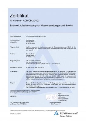 Spectos GmbH Zertifikat des TÜV Rheinlands für Laufzeitmesssysteme QPP