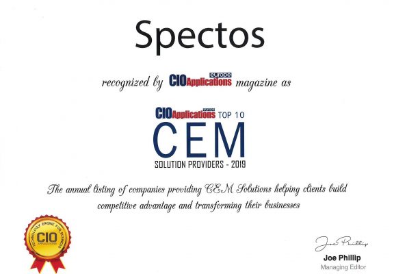 In addition to the certifications, Spectos is also included in the list Top 10 CEM Solution Providers - 2019