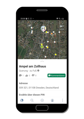 In einer Kartenansicht lassen sich spezifische Gefahrenstellen oder interessante Wegpunkte von Schul- und Freizeitwegen mittels Pin&Tell festhalten Beispielansicht aus PinCity App