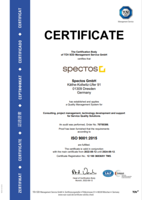 Spectos GmbH's certification from TÜV SÜD for ISO 9001:2015