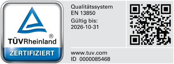 Zertifikat TÜV Rheinland für EN 13850